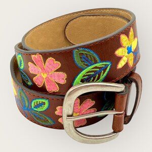 Floral Embroidered Brown Belt With Silver Buckle Size XL